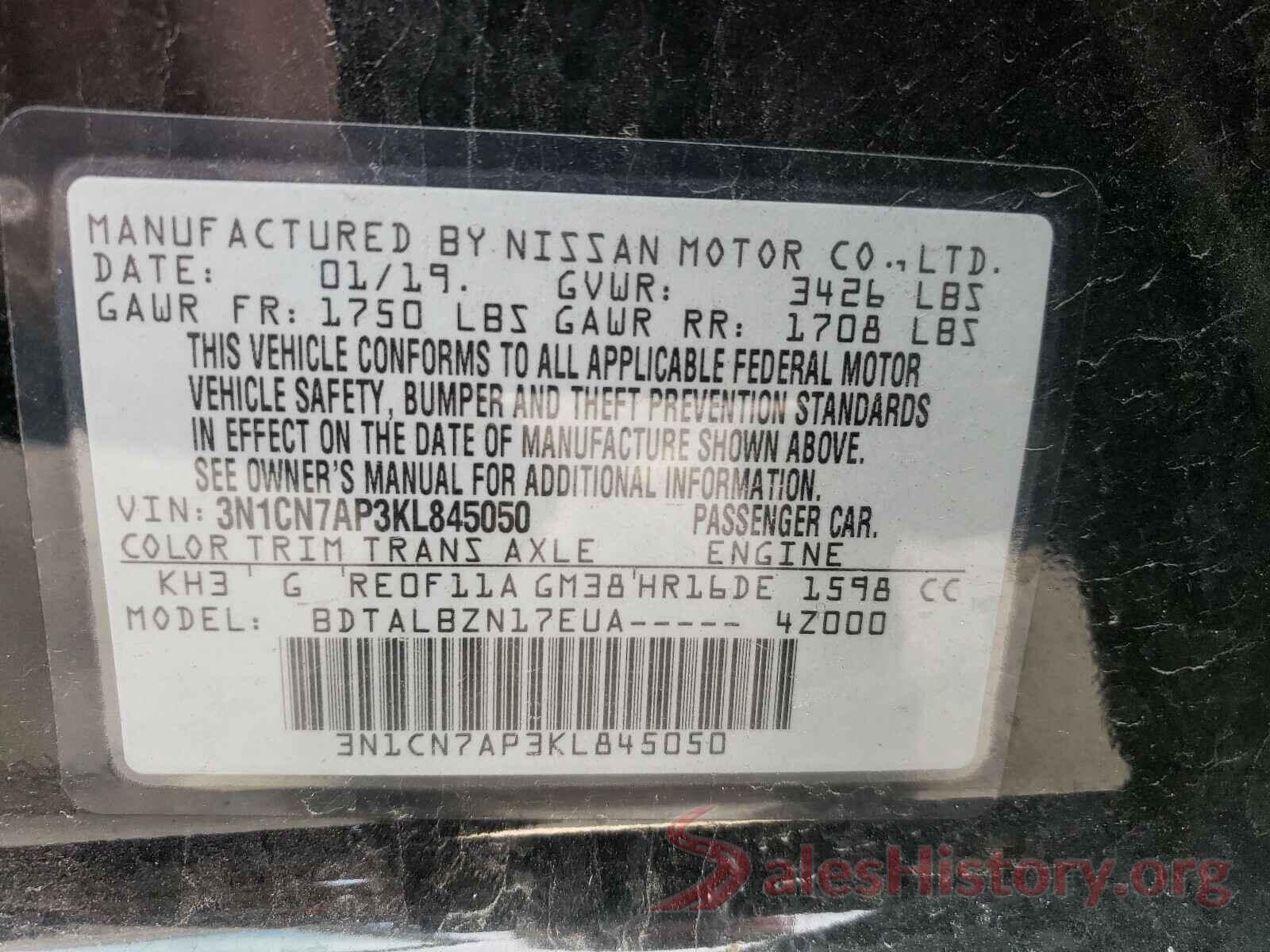 3N1CN7AP3KL845050 2019 NISSAN VERSA