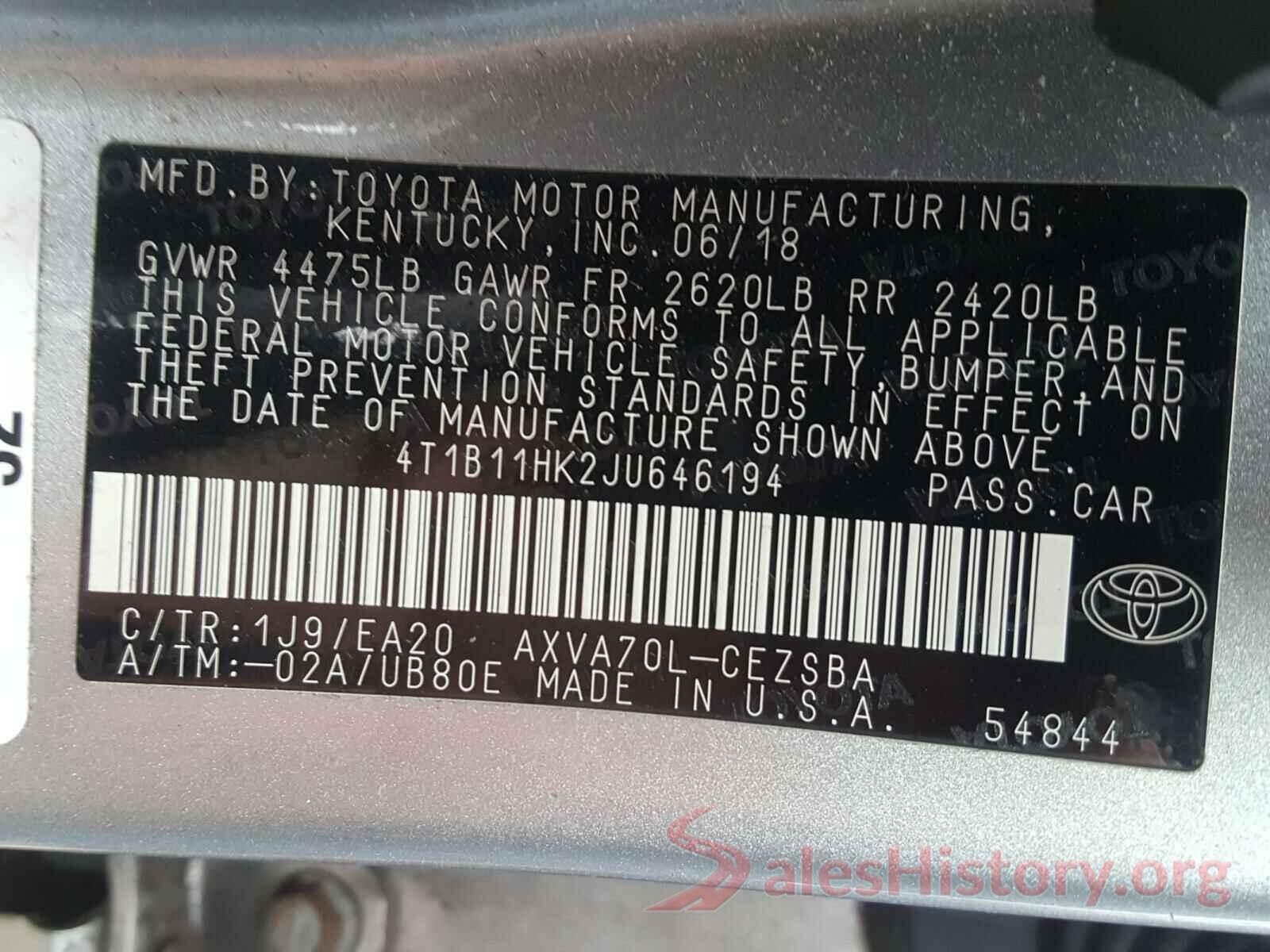 4T1B11HK2JU646194 2018 TOYOTA CAMRY