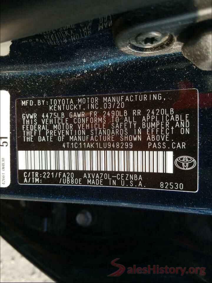 4T1C11AK1LU948299 2020 TOYOTA CAMRY