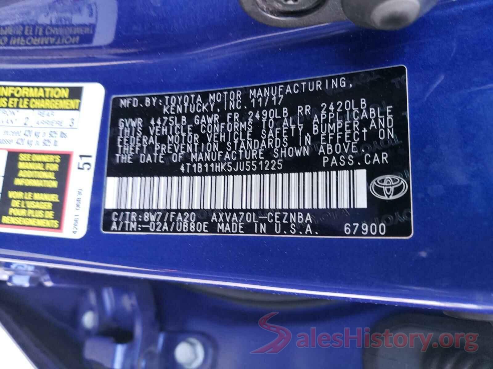 4T1B11HK5JU551225 2018 TOYOTA CAMRY