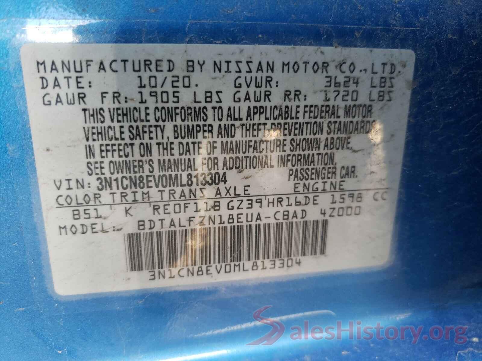 3N1CN8EV0ML813304 2021 NISSAN VERSA