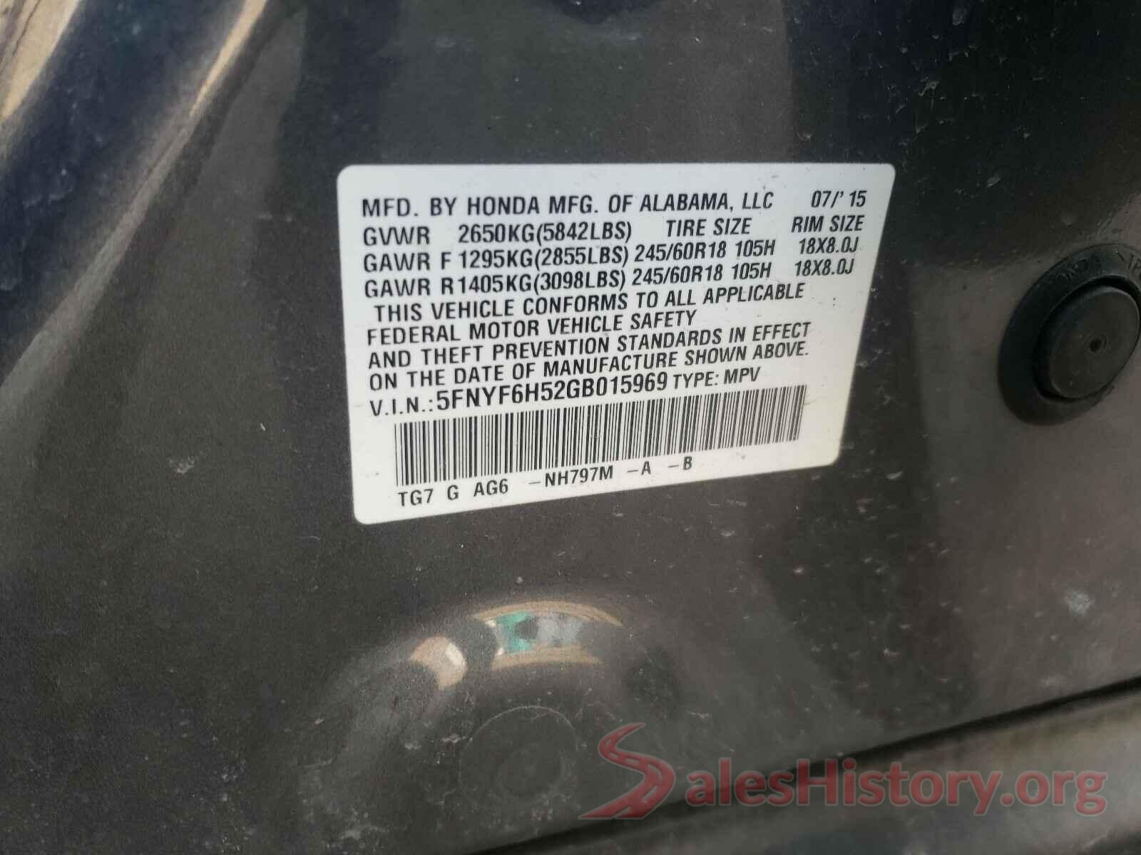 5FNYF6H52GB015969 2016 HONDA PILOT