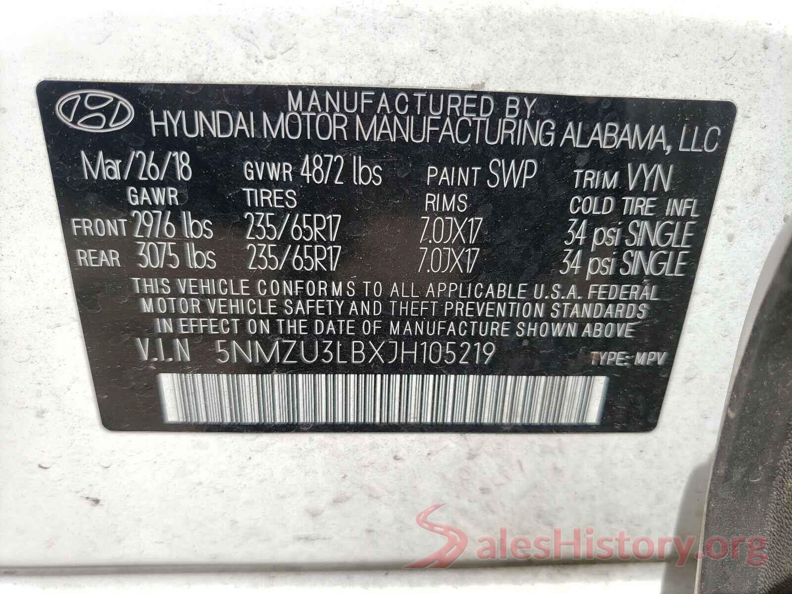 5NMZU3LBXJH105219 2018 HYUNDAI SANTA FE