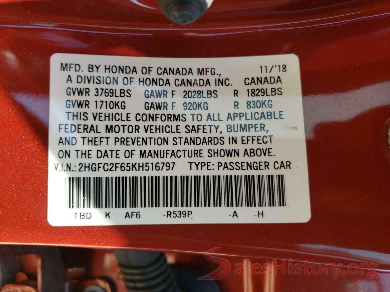 2HGFC2F65KH516797 2019 HONDA CIVIC