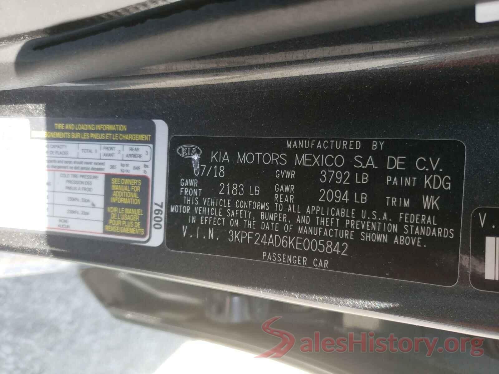 3KPF24AD6KE005842 2019 KIA FORTE