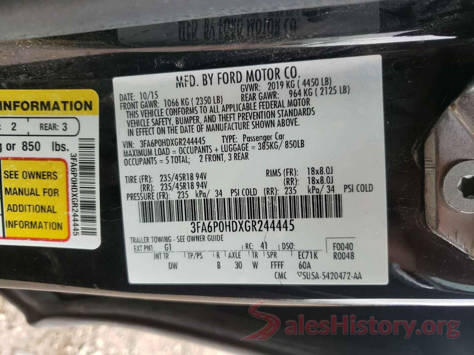 3FA6P0HDXGR244445 2016 FORD FUSION