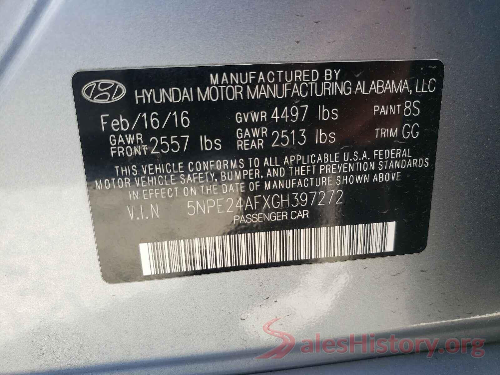 5NPE24AFXGH397272 2016 HYUNDAI SONATA