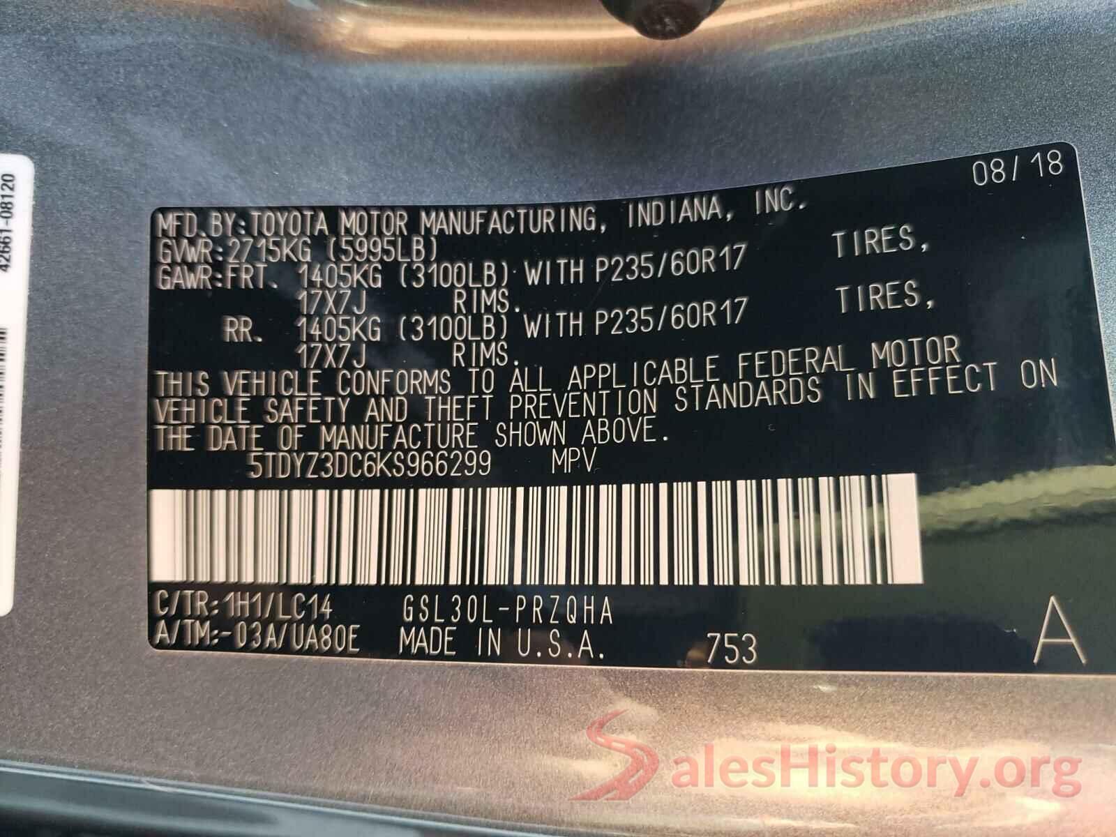 5TDYZ3DC6KS966299 2019 TOYOTA SIENNA