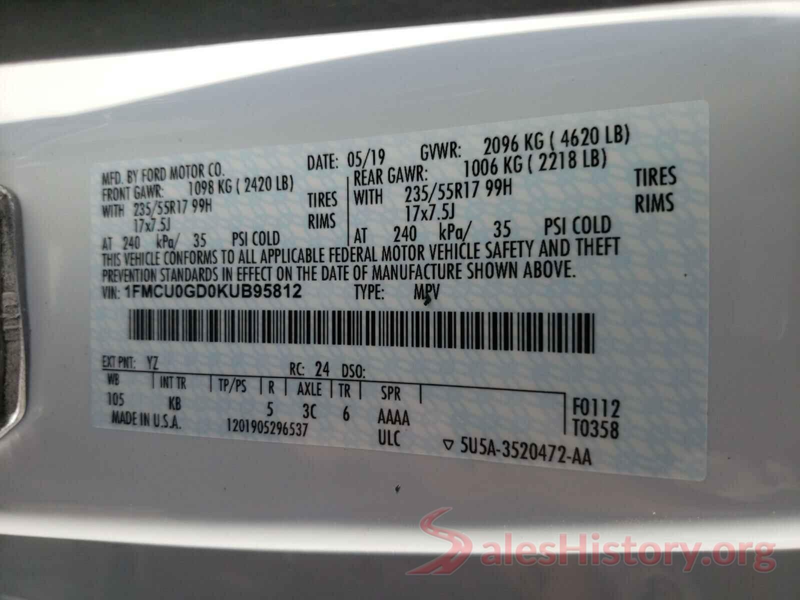 1FMCU0GD0KUB95812 2019 FORD ESCAPE