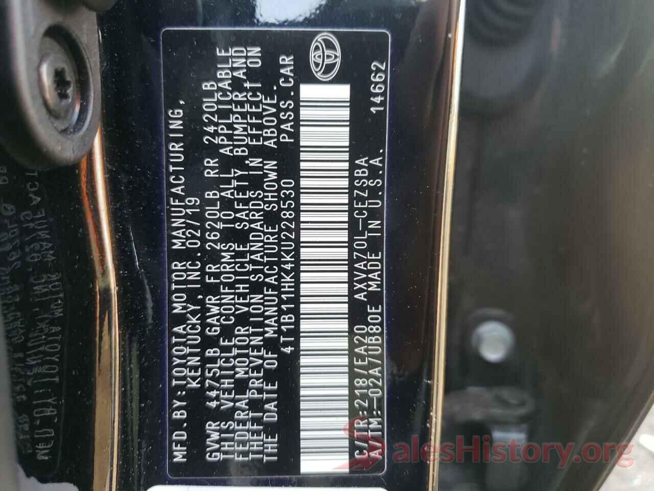 4T1B11HK4KU228530 2019 TOYOTA CAMRY