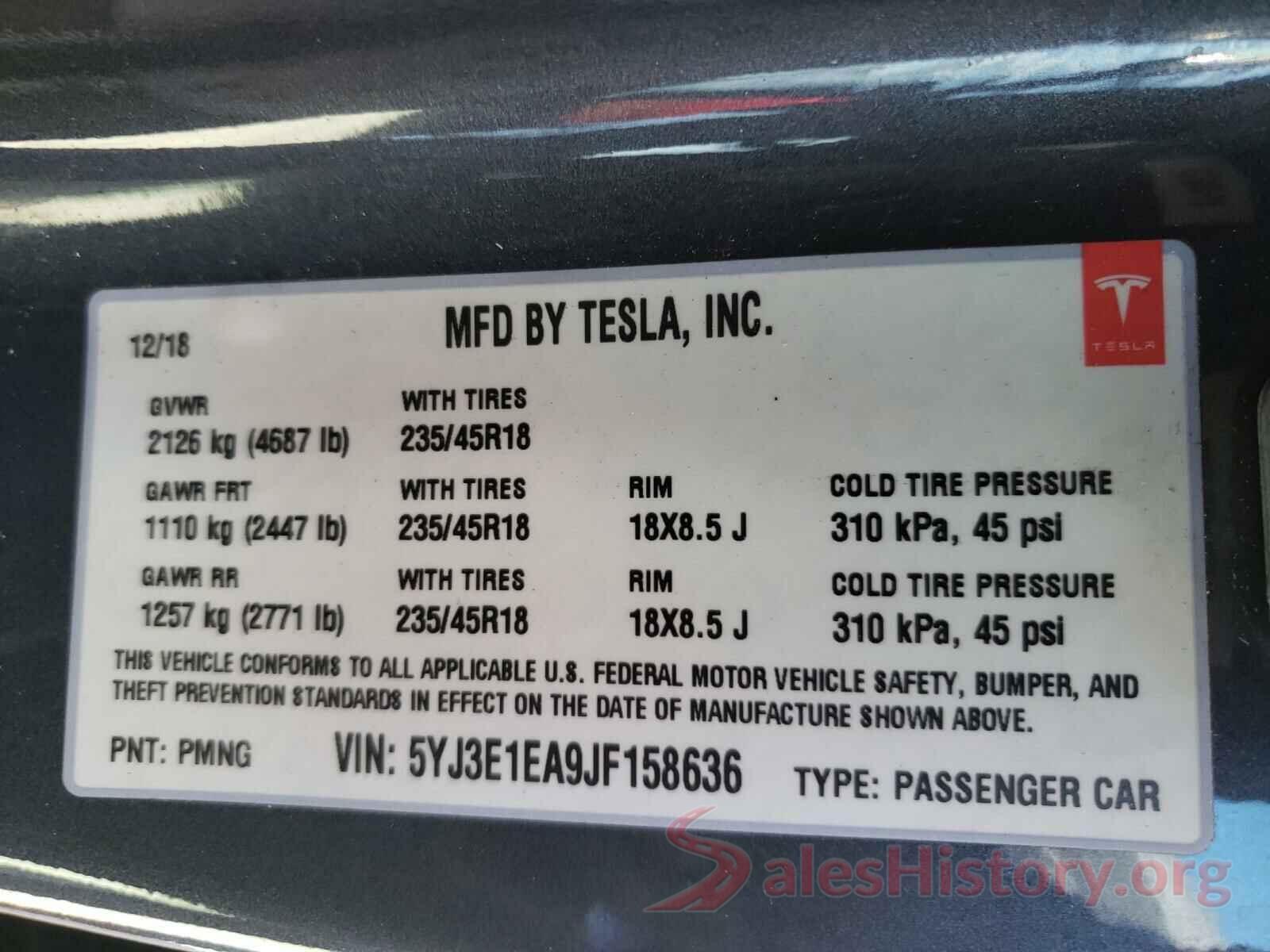 5YJ3E1EA9JF158636 2018 TESLA MODEL 3