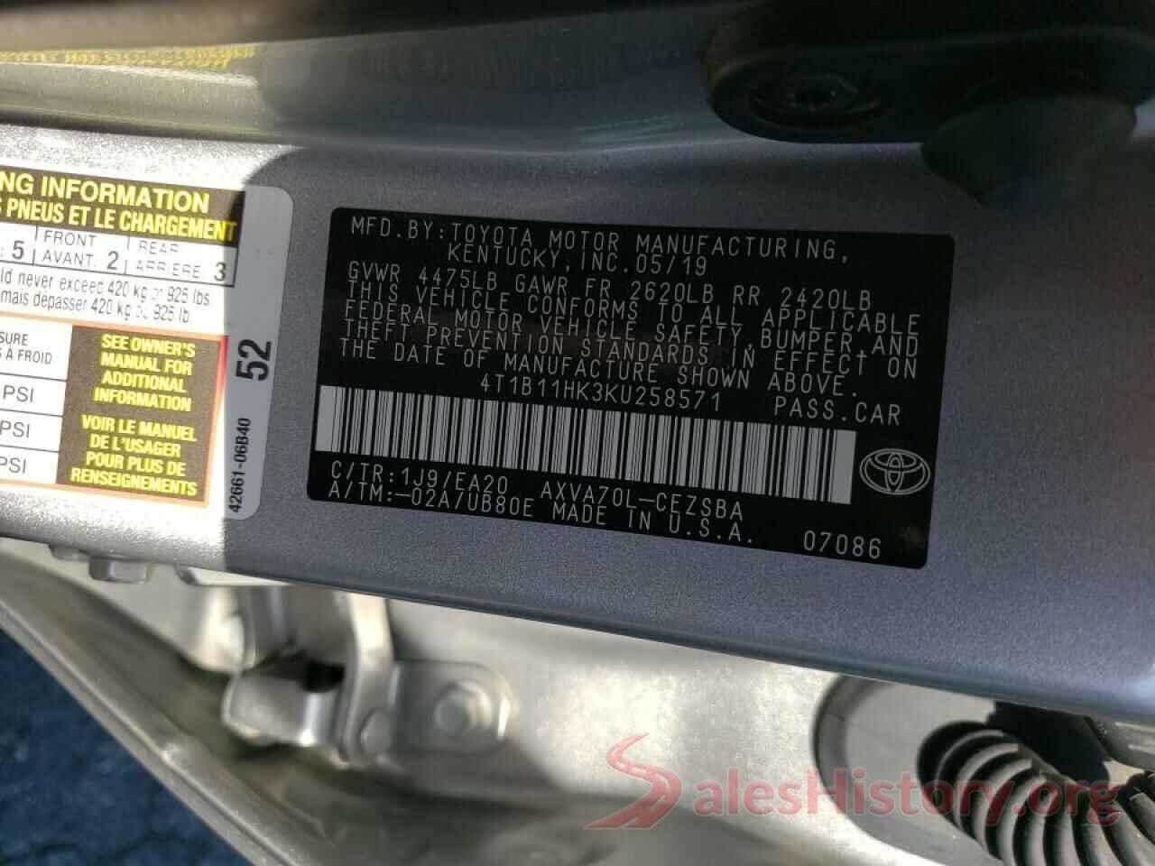 4T1B11HK3KU258571 2019 TOYOTA CAMRY