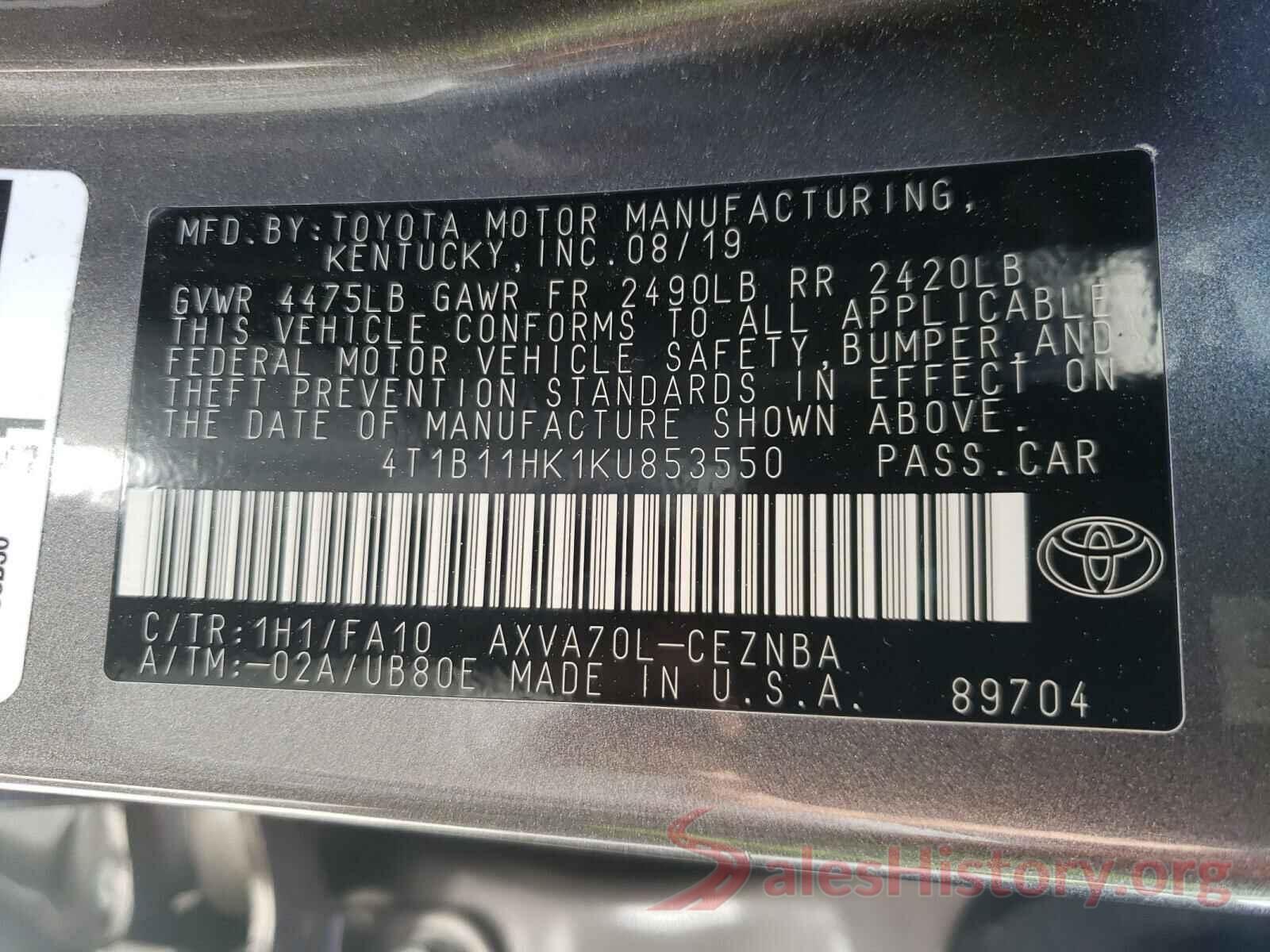 4T1B11HK1KU853550 2019 TOYOTA CAMRY