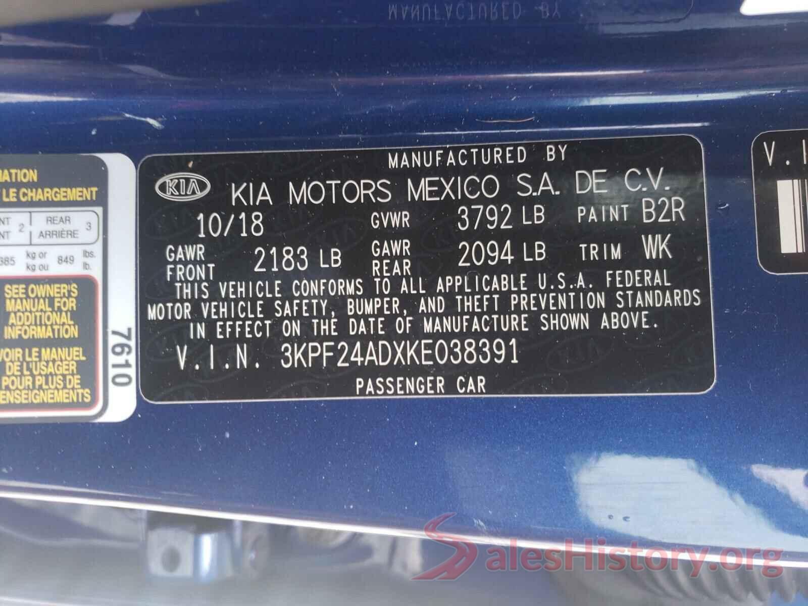 3KPF24ADXKE038391 2019 KIA FORTE