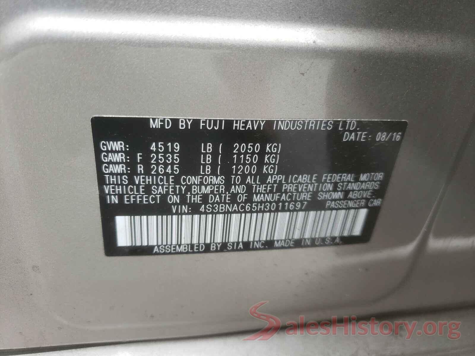 4S3BNAC65H3011697 2017 SUBARU LEGACY