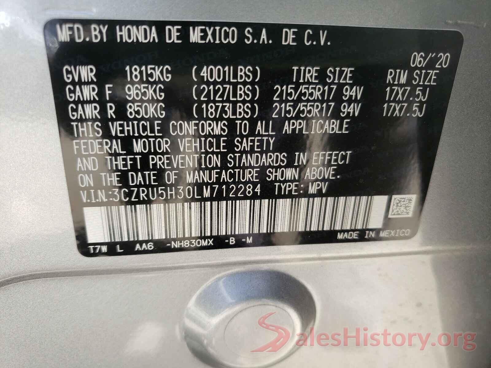 3CZRU5H30LM712284 2020 HONDA HR-V