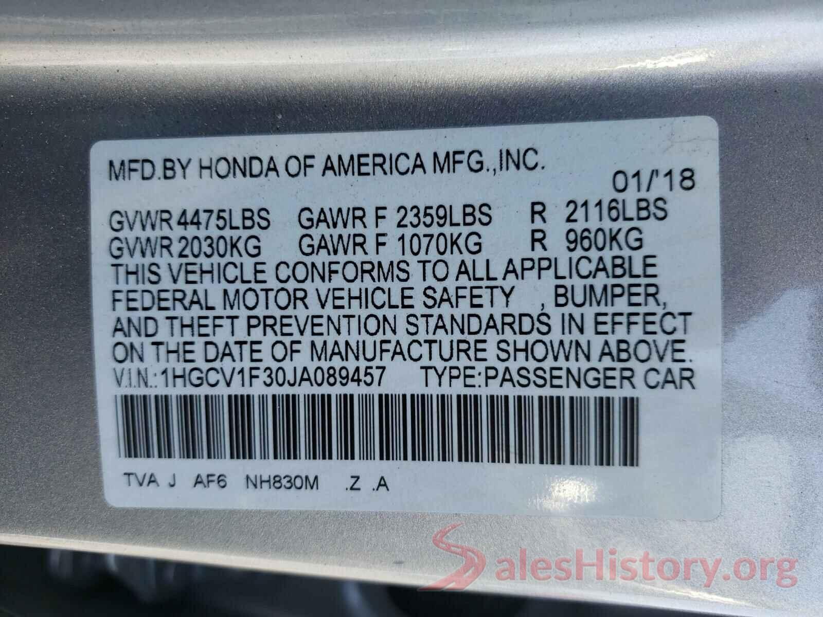 1HGCV1F30JA089457 2018 HONDA ACCORD