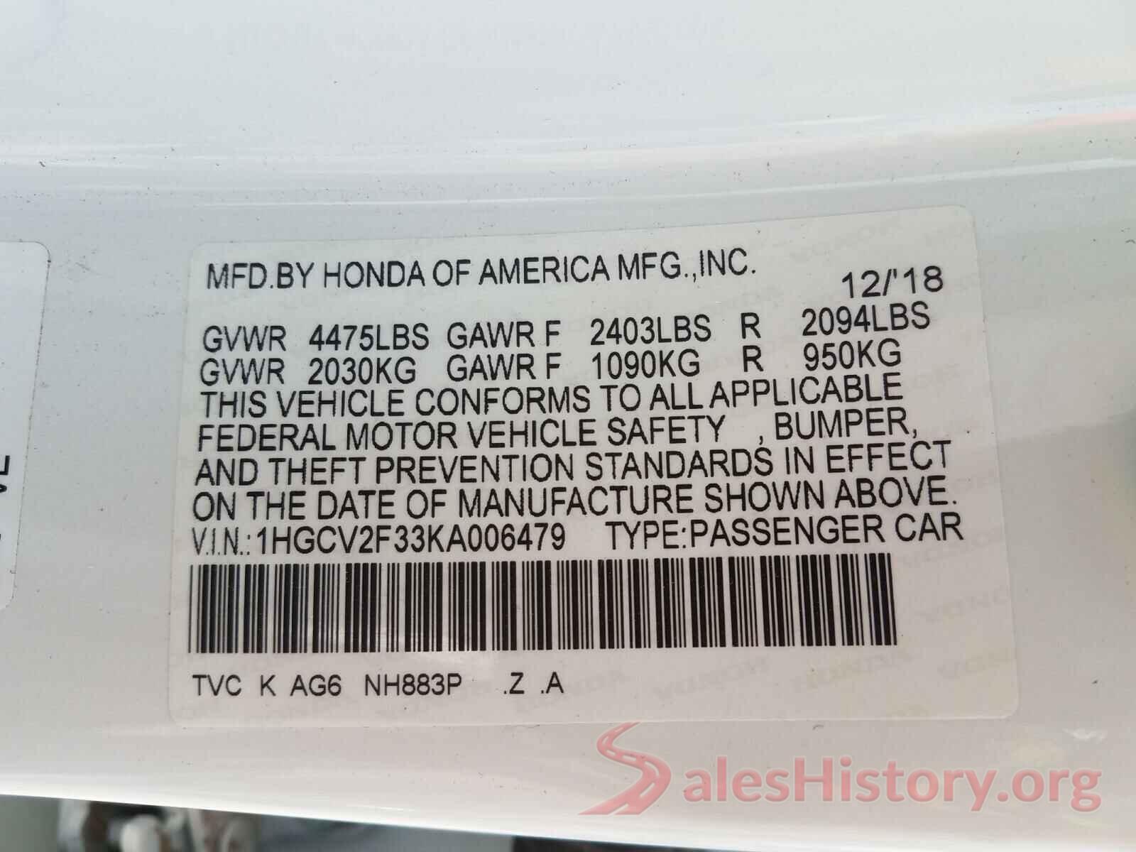 1HGCV2F33KA006479 2019 HONDA ACCORD