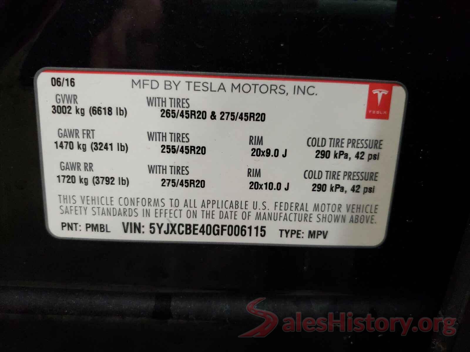 5YJXCBE40GF006115 2016 TESLA MODEL X