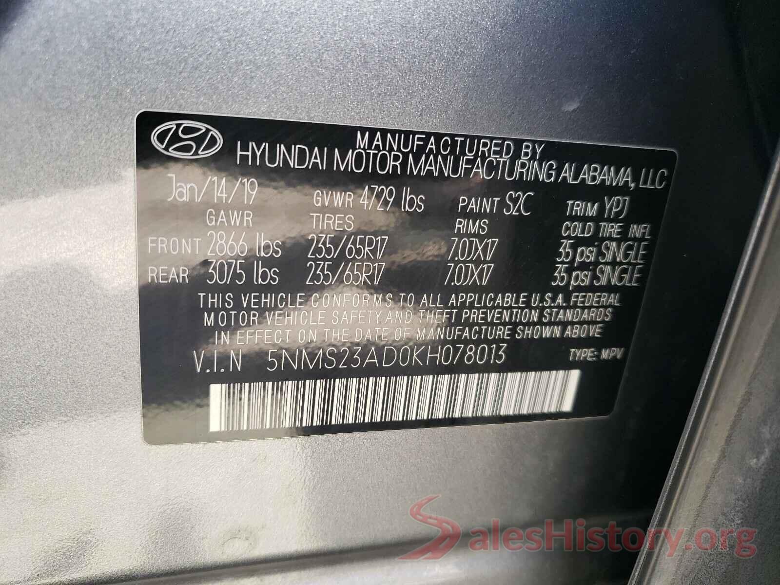 5NMS23AD0KH078013 2019 HYUNDAI SANTA FE