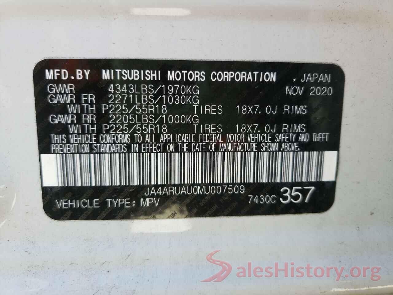 JA4ARUAU0MU007509 2021 MITSUBISHI OUTLANDER