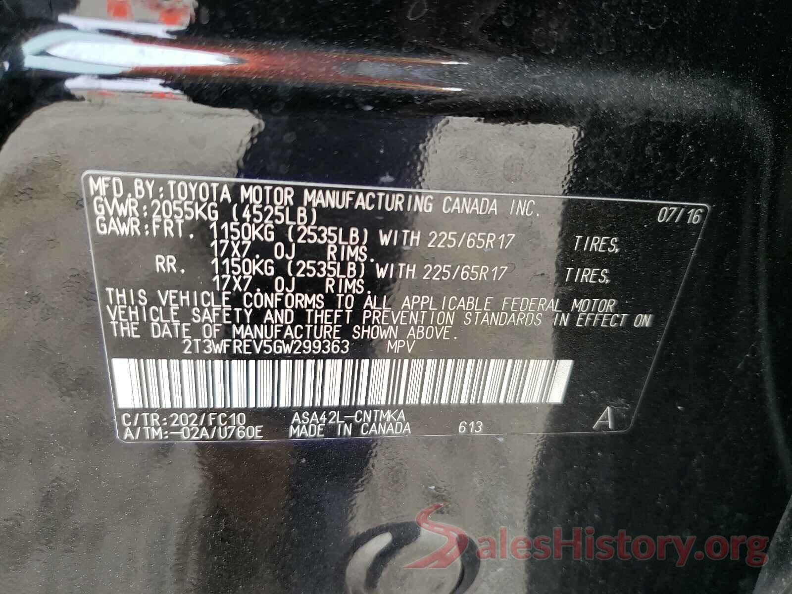 2T3WFREV5GW299363 2016 TOYOTA RAV4