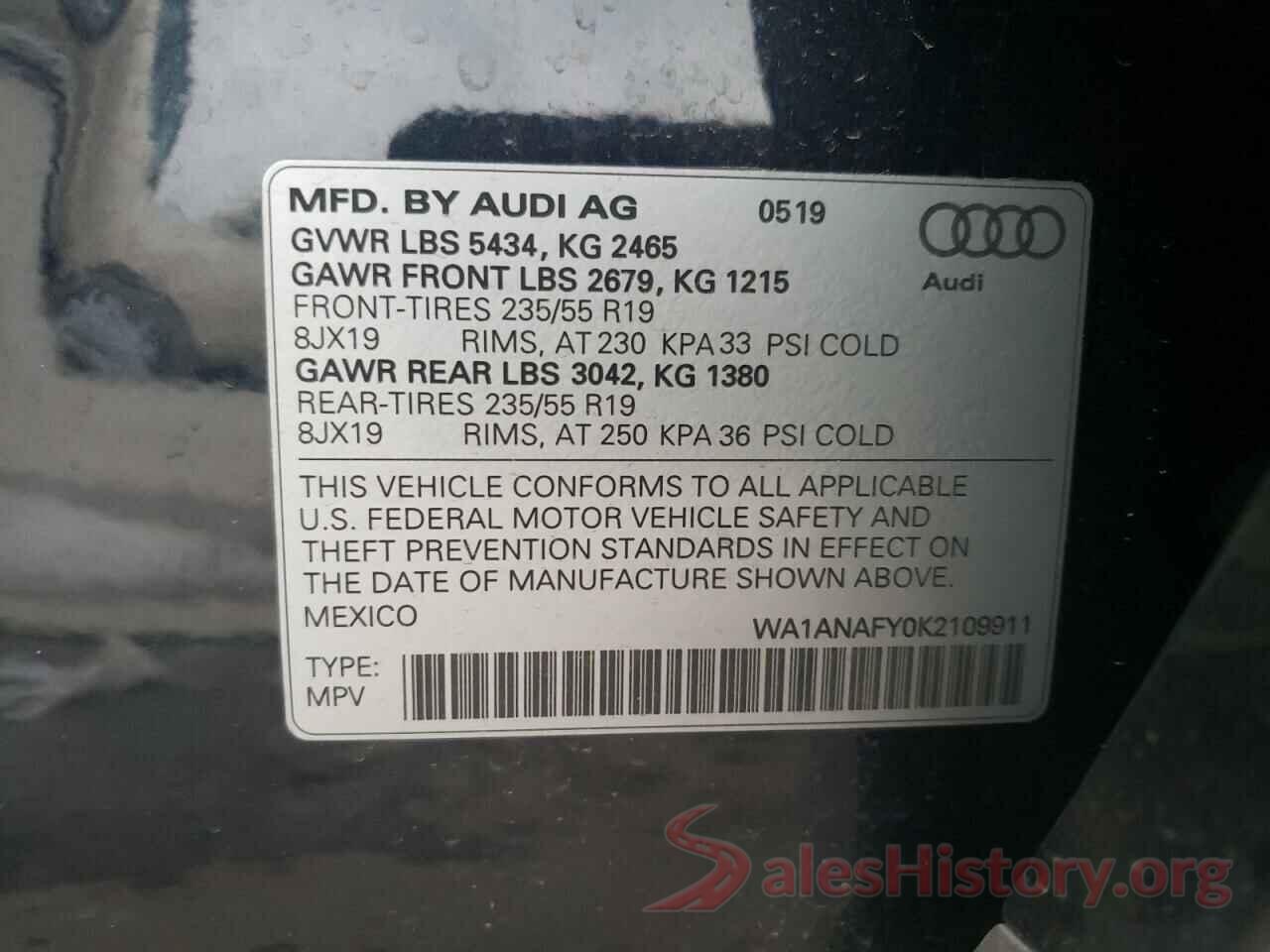 WA1ANAFY0K2109911 2019 AUDI Q5