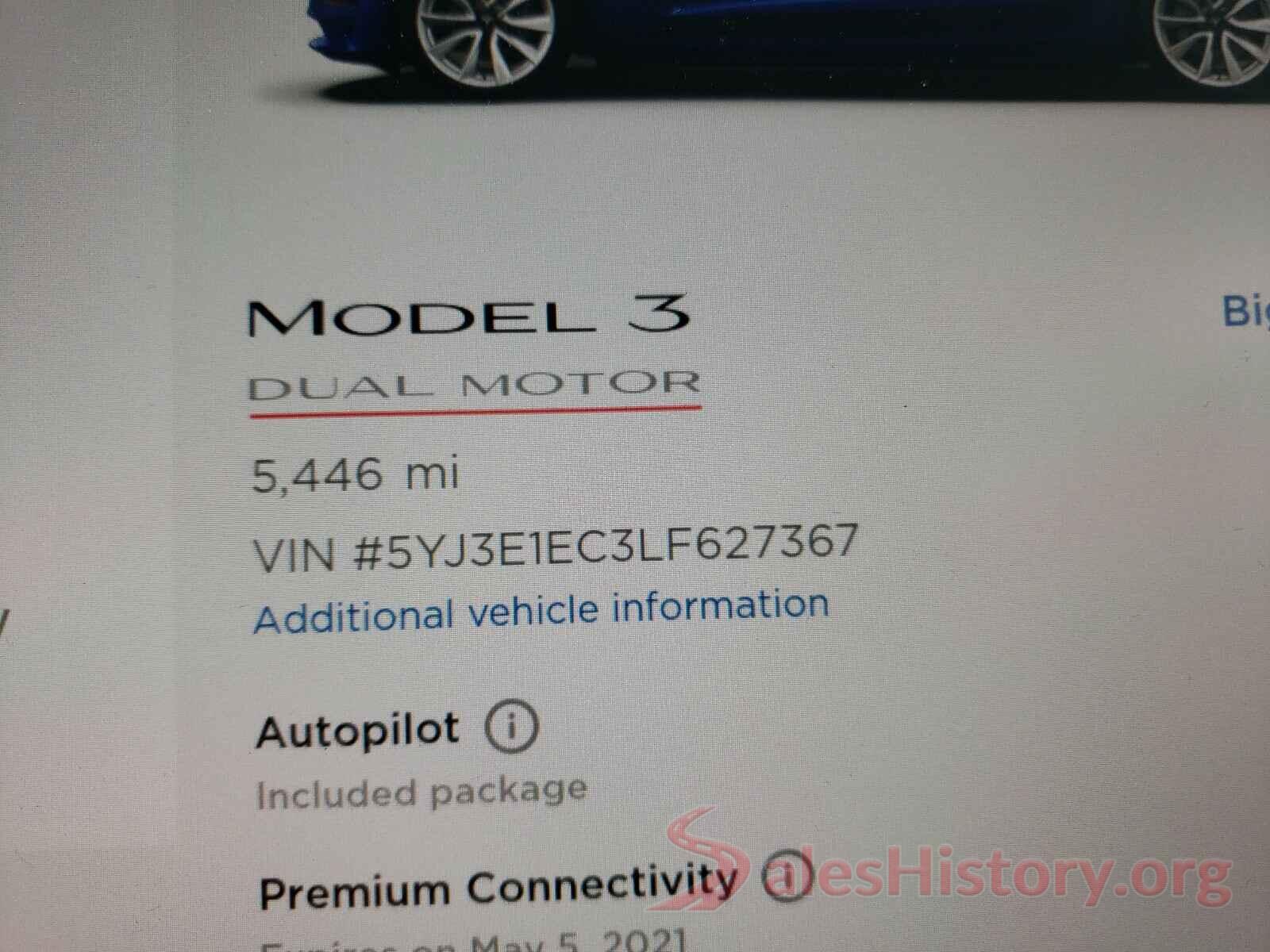 5YJ3E1EC3LF627367 2020 TESLA MODEL 3