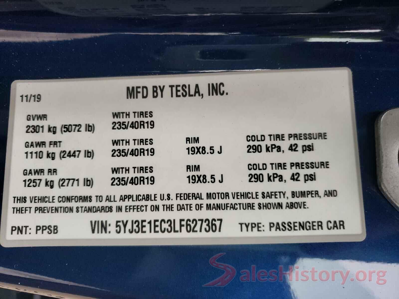 5YJ3E1EC3LF627367 2020 TESLA MODEL 3