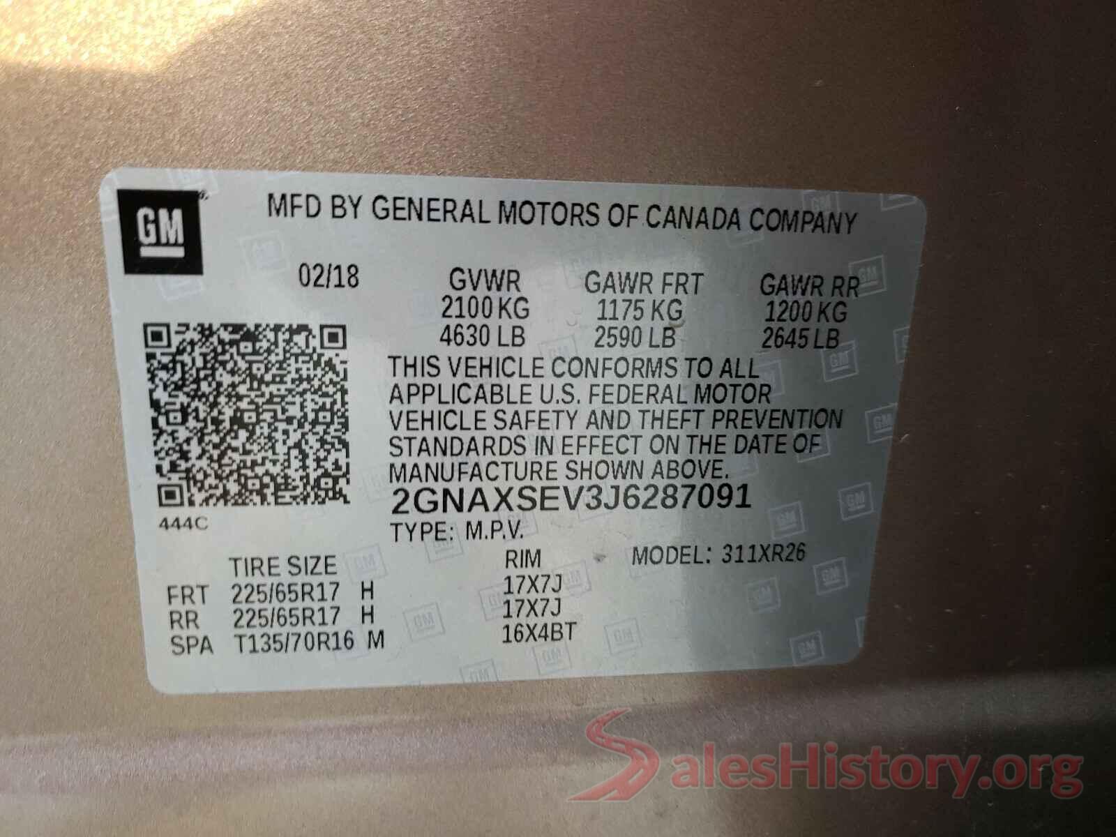 2GNAXSEV3J6287091 2018 CHEVROLET EQUINOX