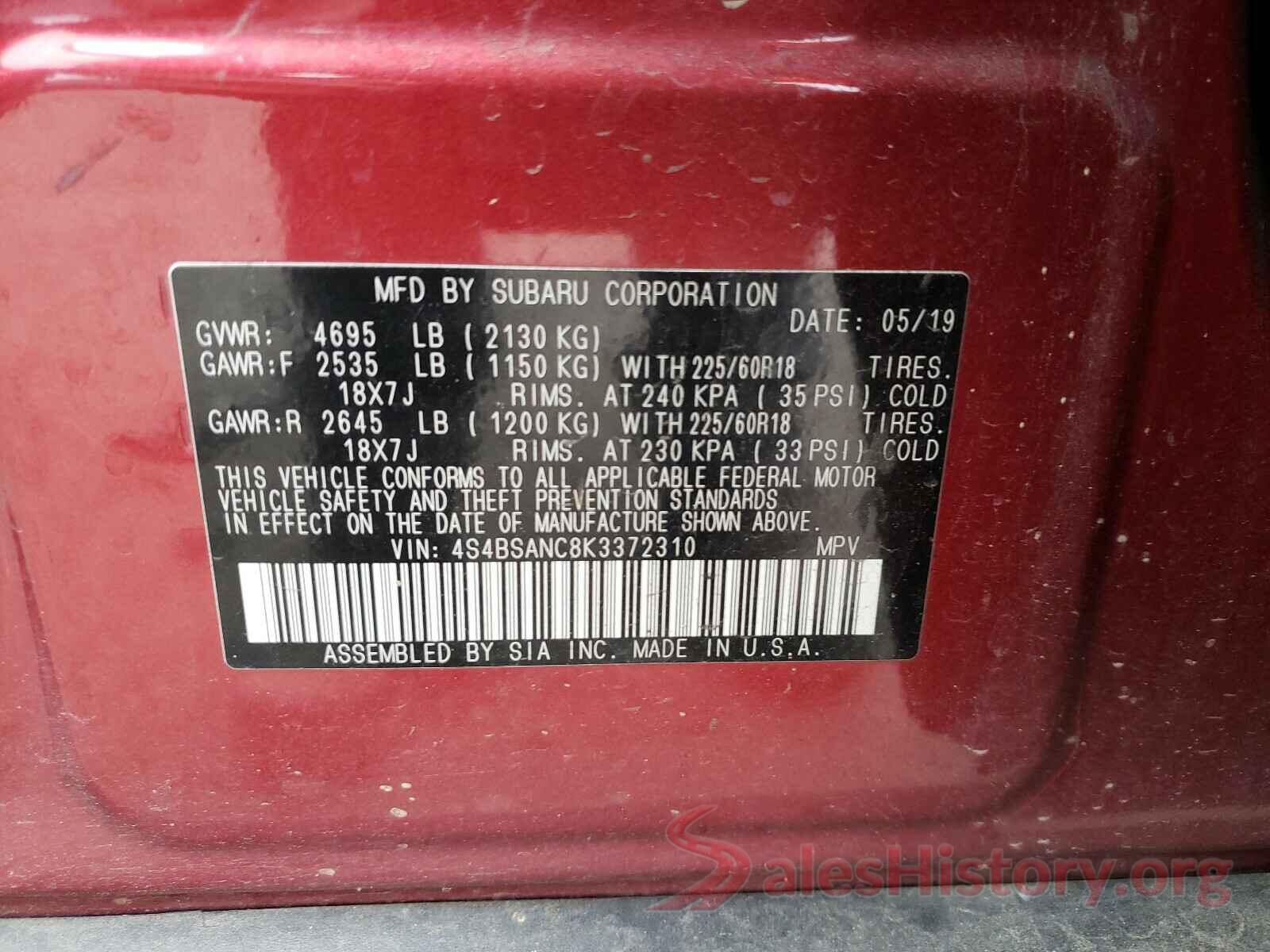 4S4BSANC8K3372310 2019 SUBARU OUTBACK