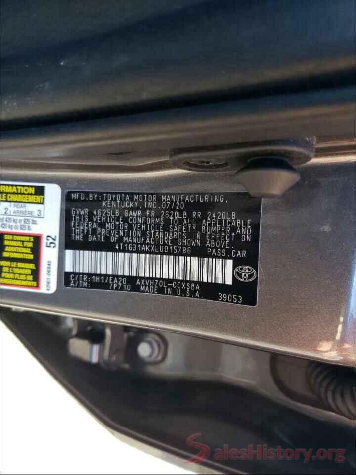 4T1G31AKXLU015786 2020 TOYOTA CAMRY