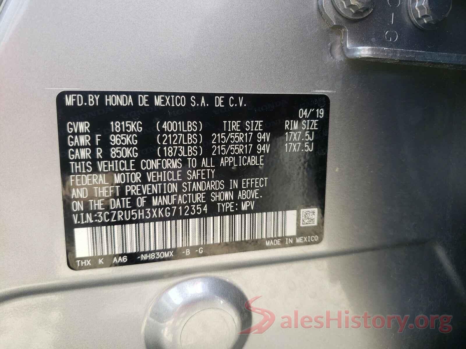 3CZRU5H3XKG712354 2019 HONDA HR-V