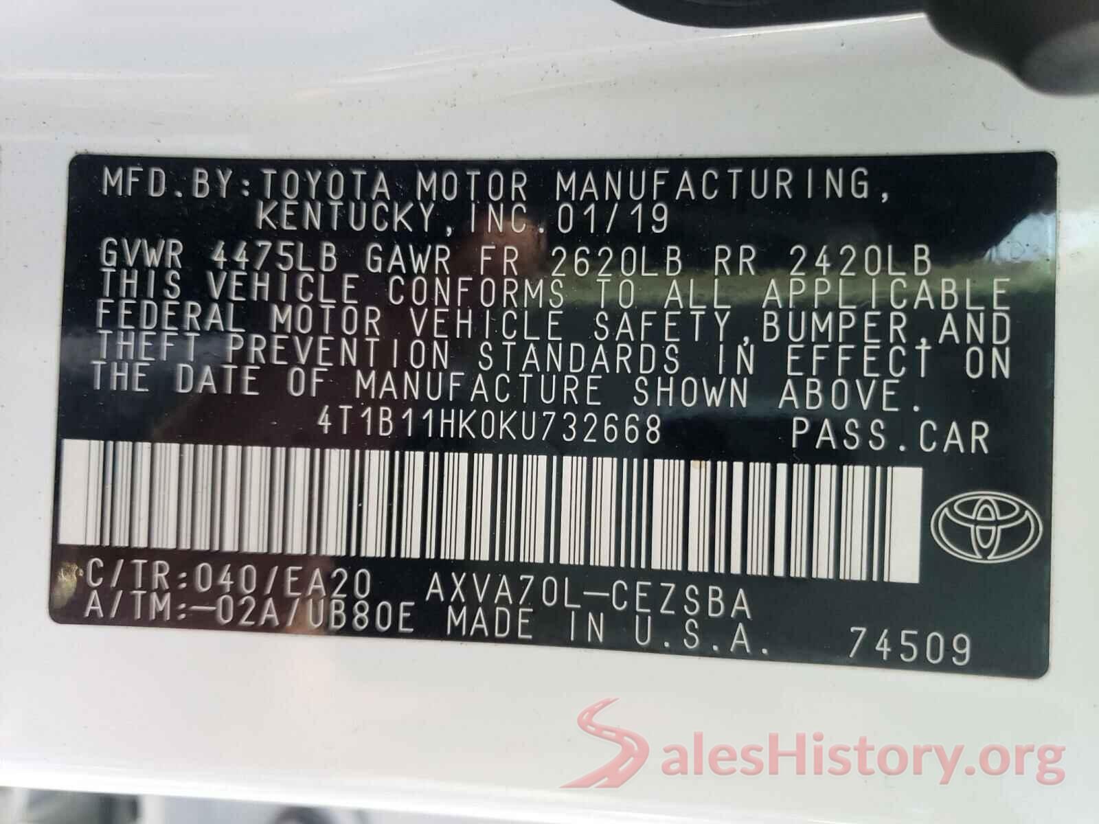 4T1B11HK0KU732668 2019 TOYOTA CAMRY