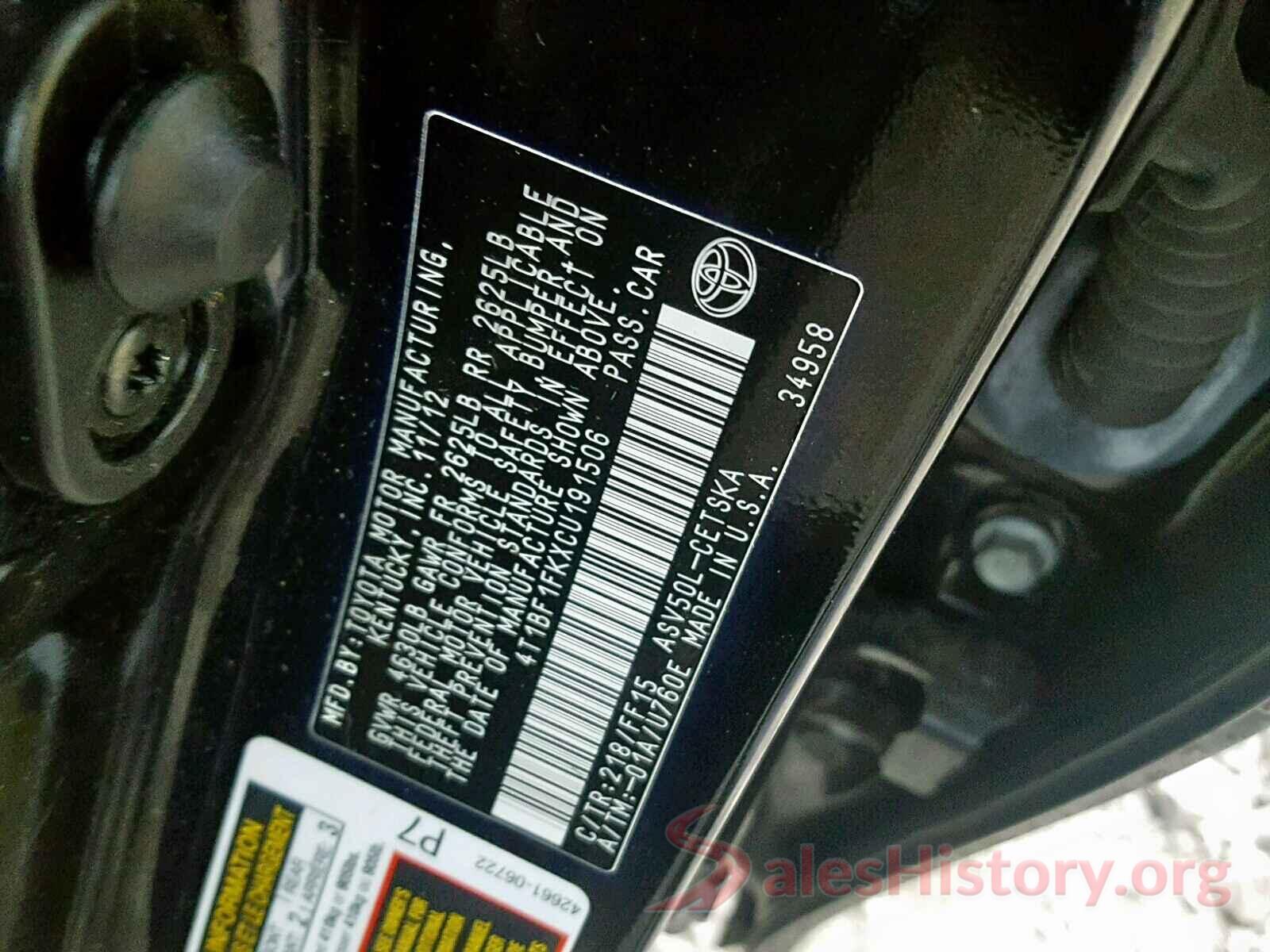 4T1BF1FKXCU191506 2012 TOYOTA CAMRY BASE