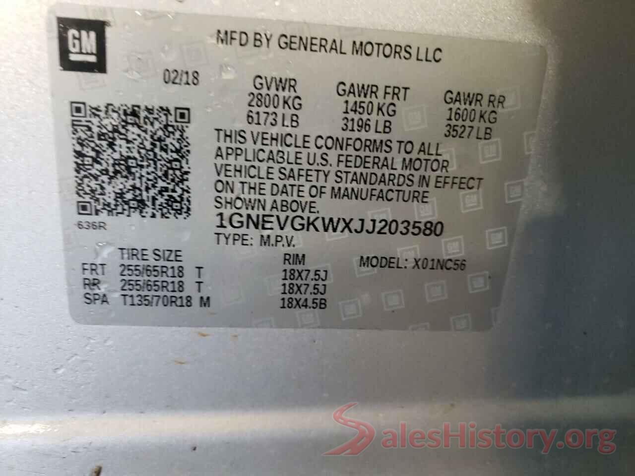 1GNEVGKWXJJ203580 2018 CHEVROLET TRAVERSE