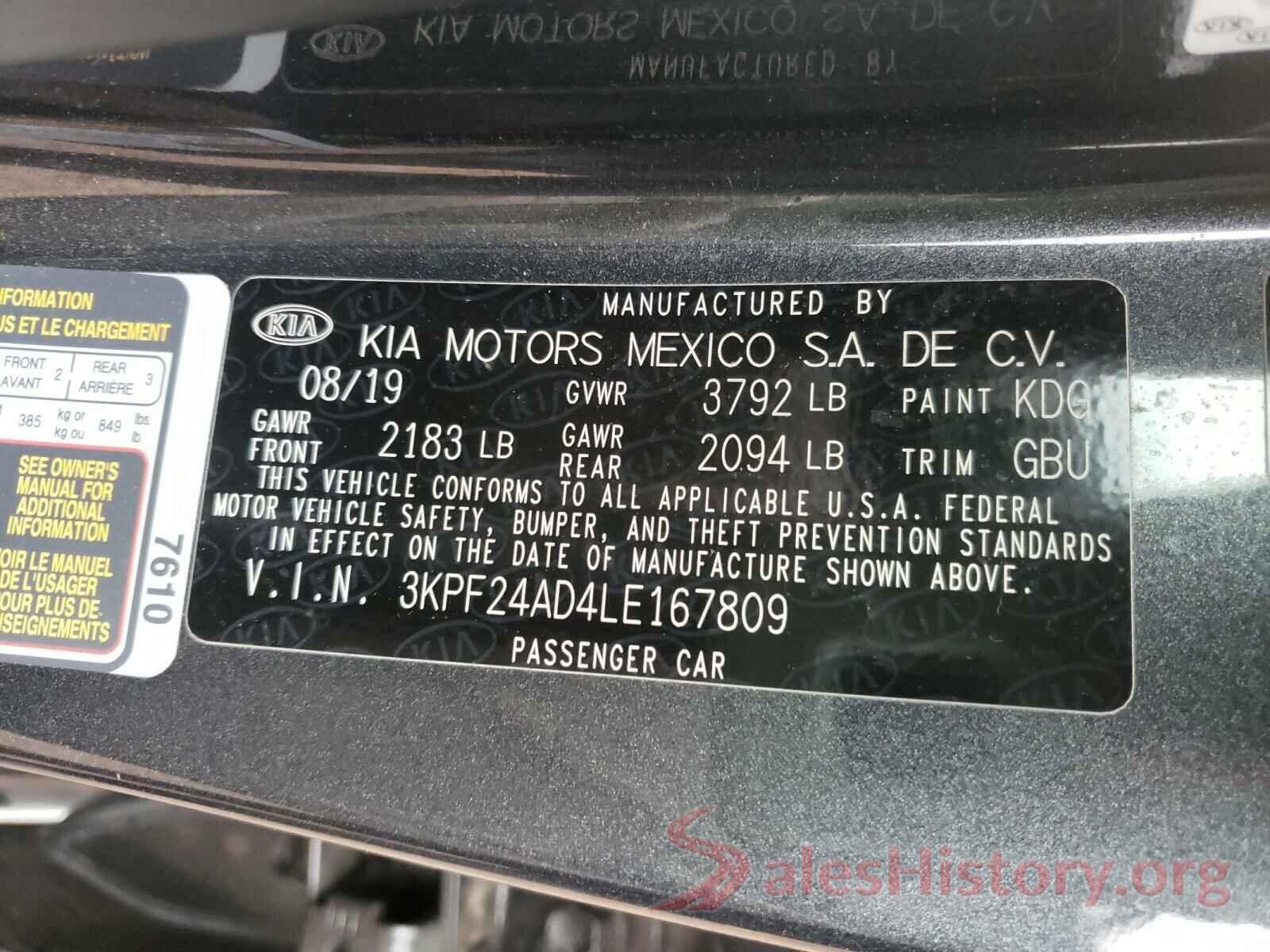 3KPF24AD4LE167809 2020 KIA FORTE