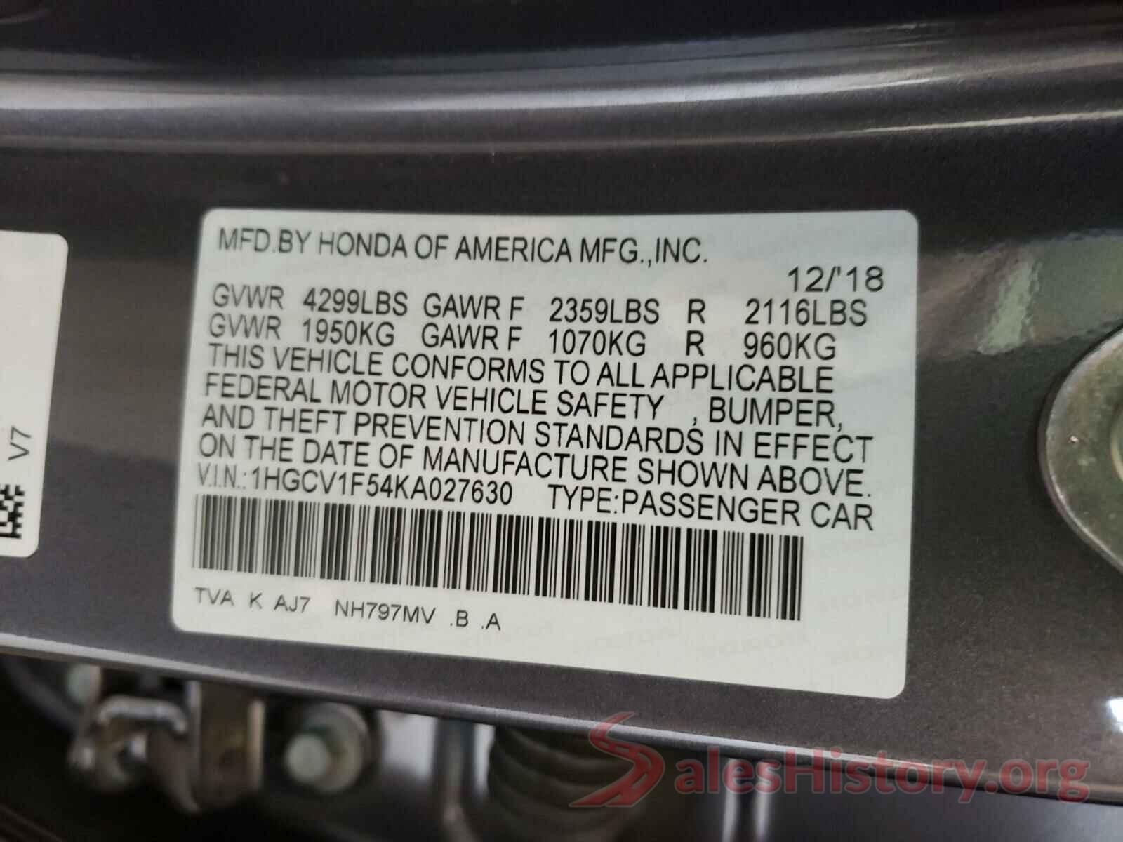 1HGCV1F54KA027630 2019 HONDA ACCORD