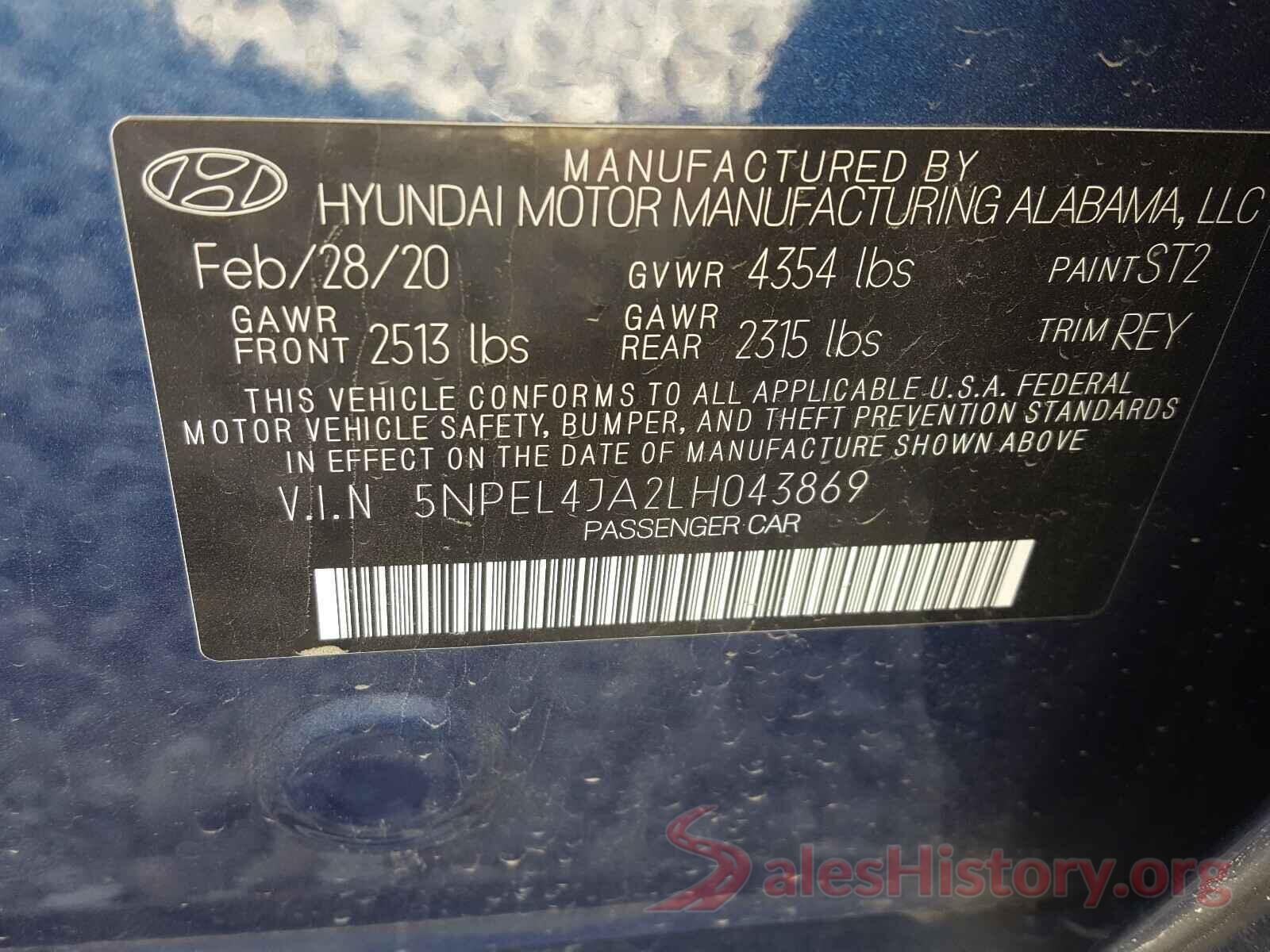 5NPEL4JA2LH043869 2020 HYUNDAI SONATA