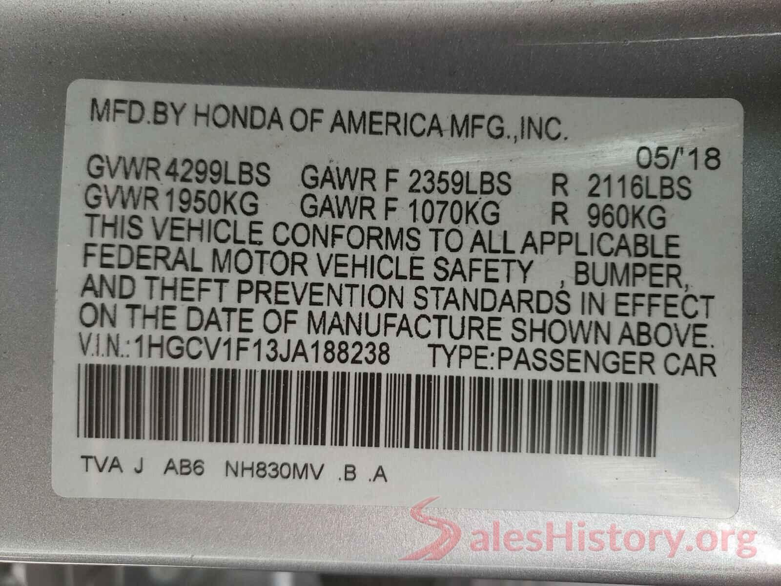 1HGCV1F13JA188238 2018 HONDA ACCORD