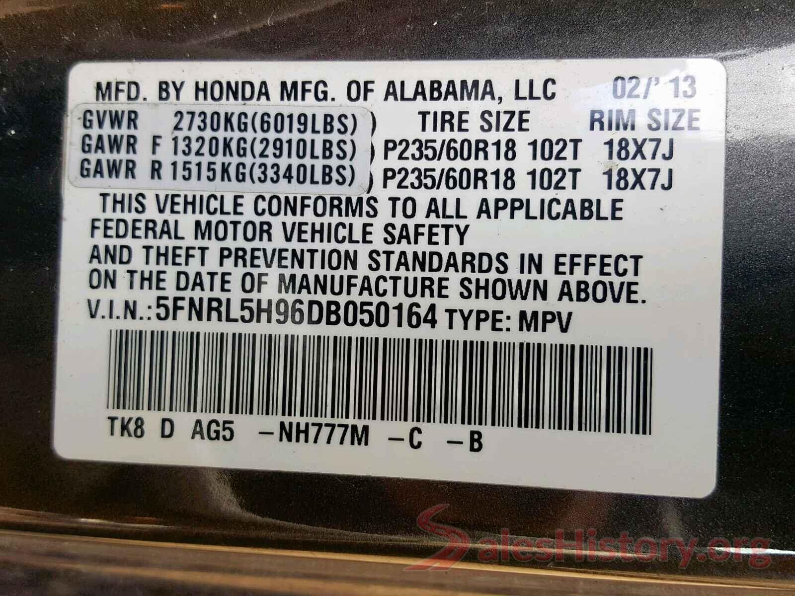 5FNRL5H96DB050164 2013 HONDA ODYSSEY TO