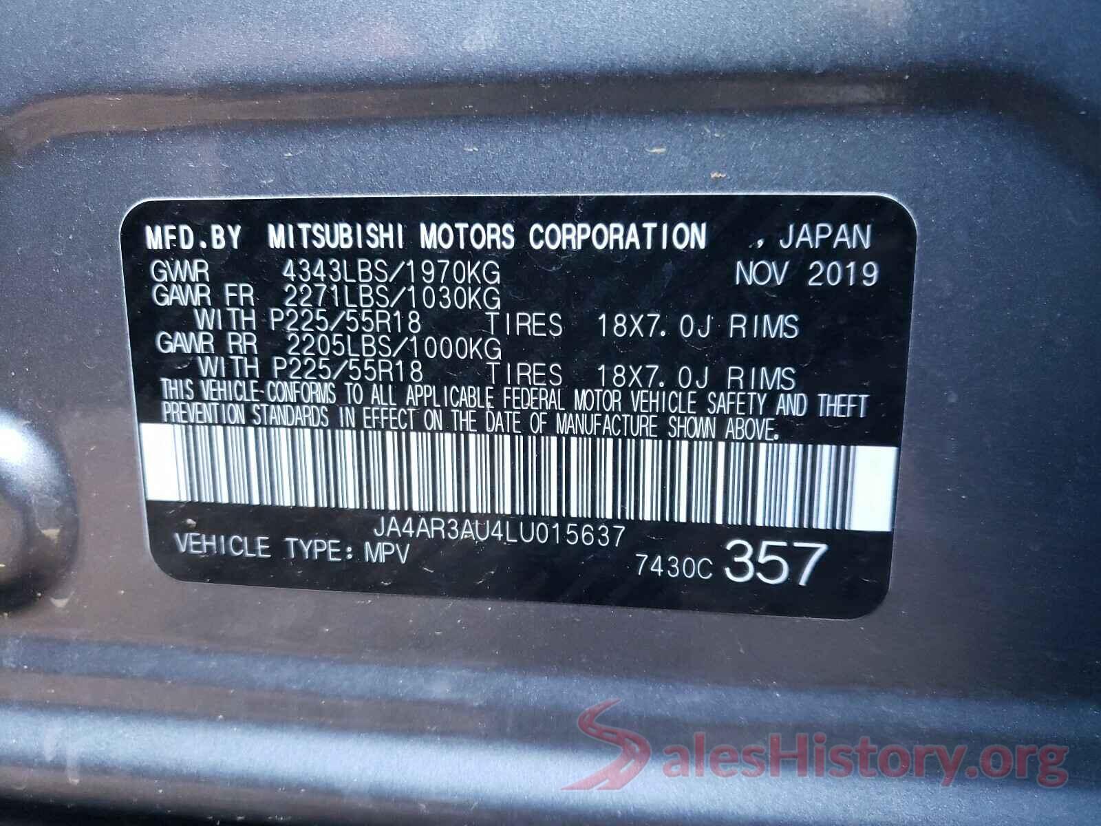 JA4AR3AU4LU015637 2020 MITSUBISHI OUTLANDER