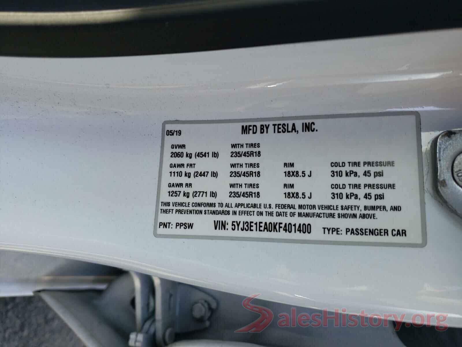 5YJ3E1EA0KF401400 2019 TESLA MODEL 3