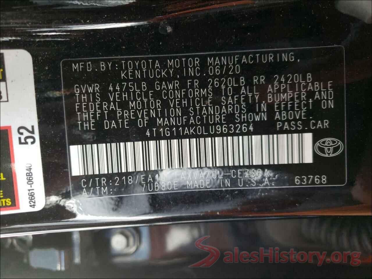 4T1G11AK0LU963264 2020 TOYOTA CAMRY