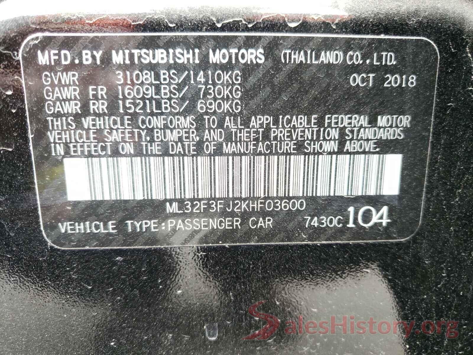 ML32F3FJ2KHF03600 2019 MITSUBISHI MIRAGE