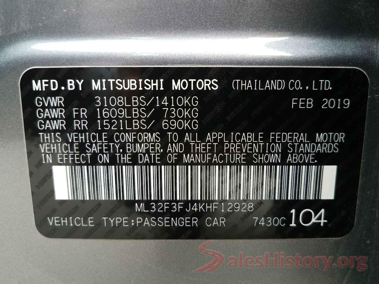 ML32F3FJ4KHF12928 2019 MITSUBISHI MIRAGE