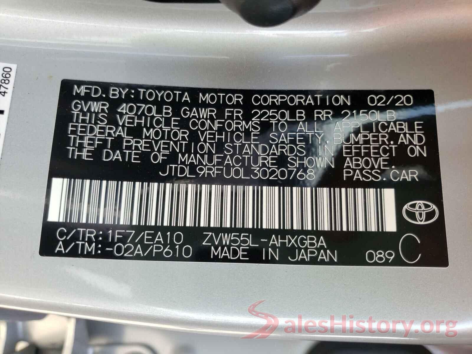 JTDL9RFU0L3020768 2020 TOYOTA PRIUS