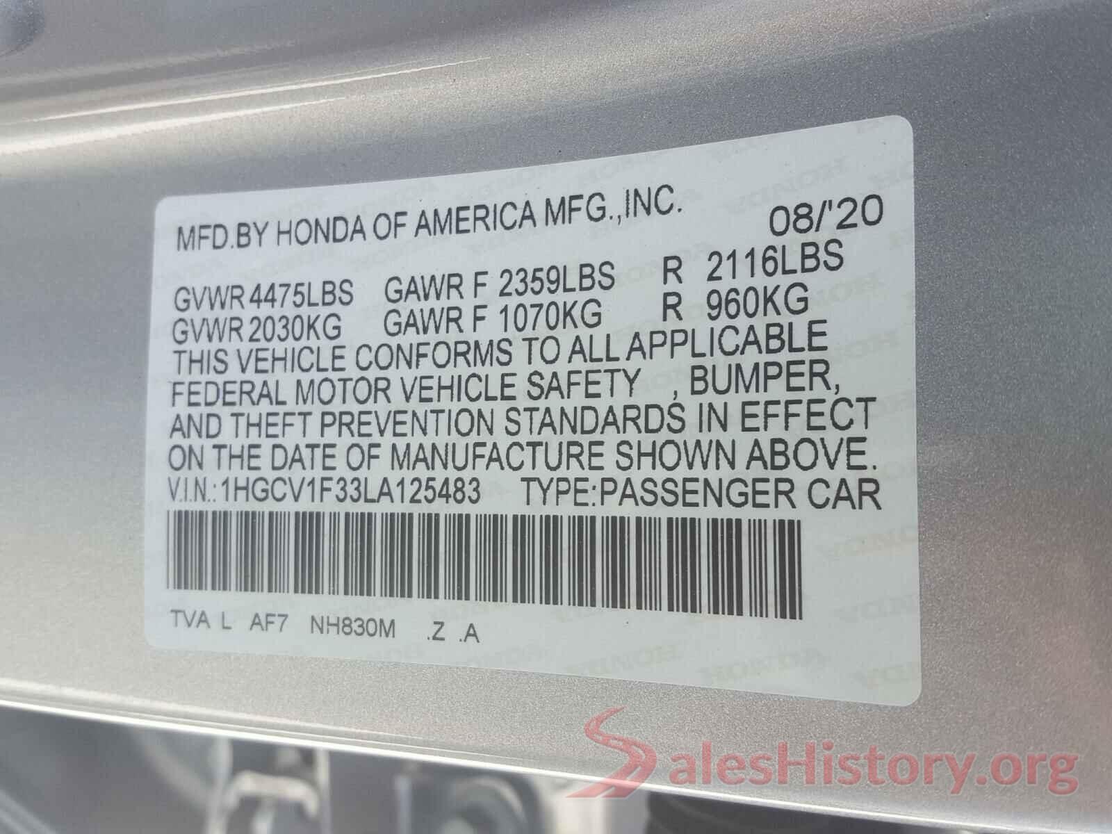 1HGCV1F33LA125483 2020 HONDA ACCORD