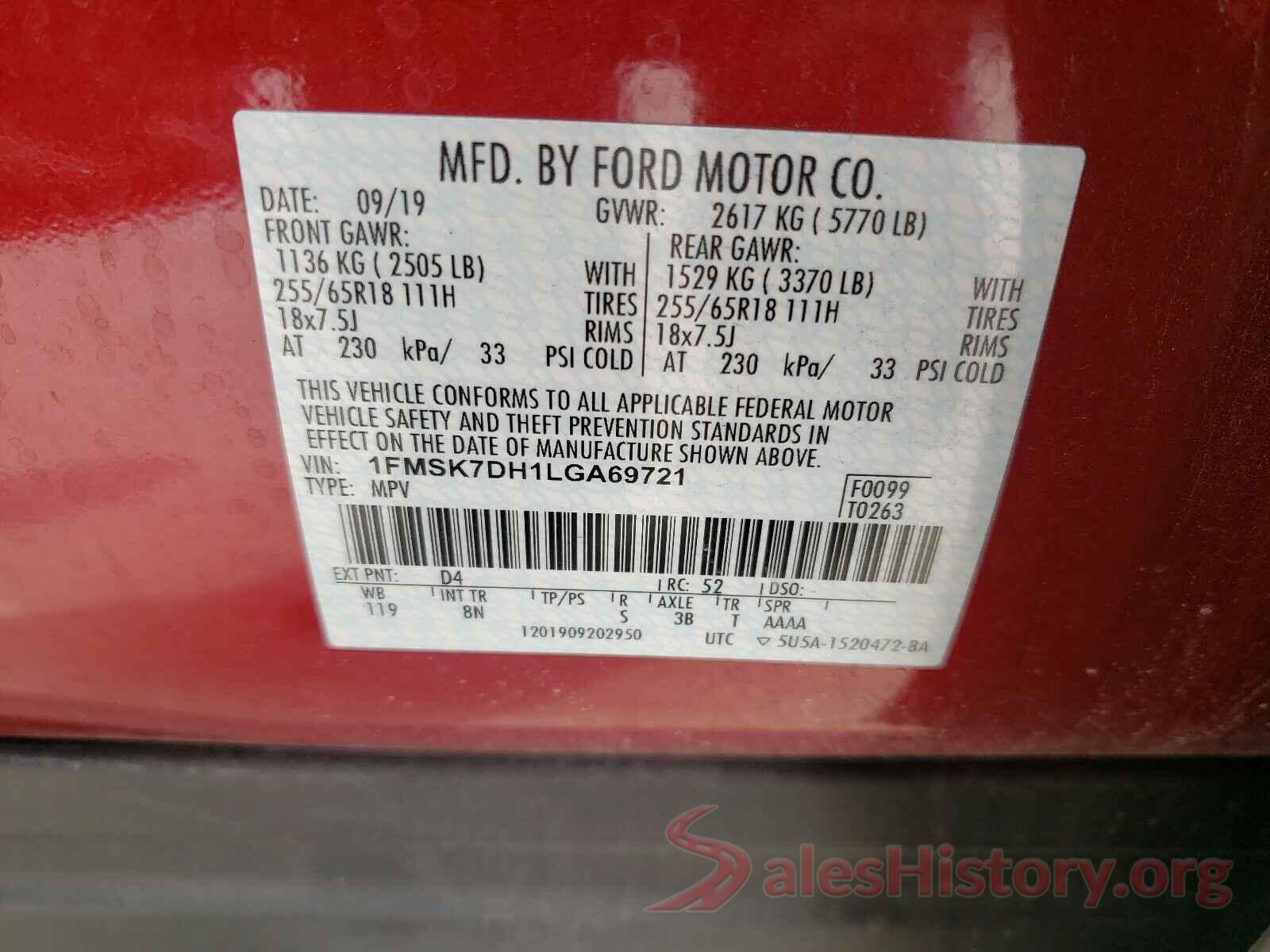 1FMSK7DH1LGA69721 2020 FORD EXPLORER