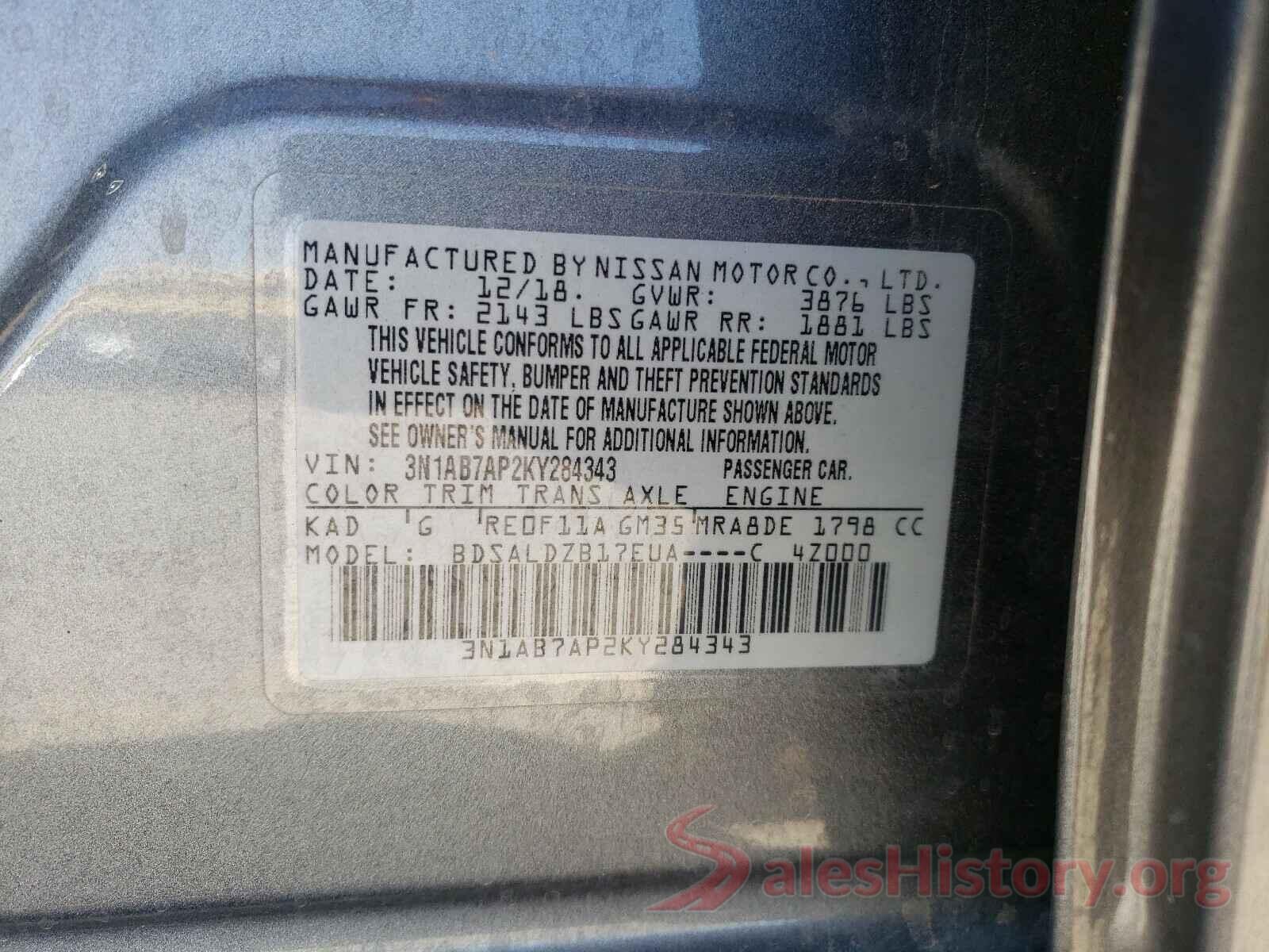 3N1AB7AP2KY284343 2019 NISSAN SENTRA